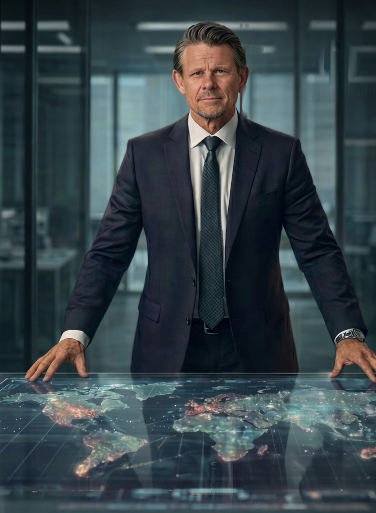 Kent Young at a digital world-map table